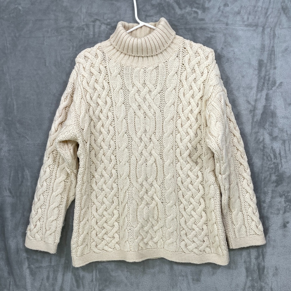 McKennas Wool Size M Chunky Ivory Fisherman Cable Knit Sweater England Turtlenec